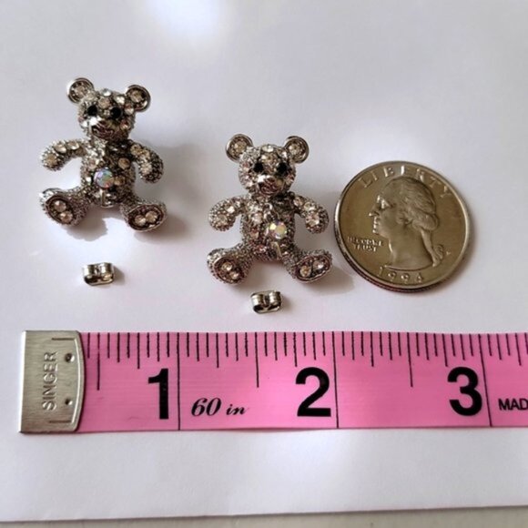 Teddy Bear Post Earrings Silver Tone Rhinestones Movable Key New OS - Picture 7 of 10